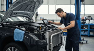 Professional mechanic performing cooling system inspection with diagnostic equipment at Hyperion Auto Repair in Los Angeles