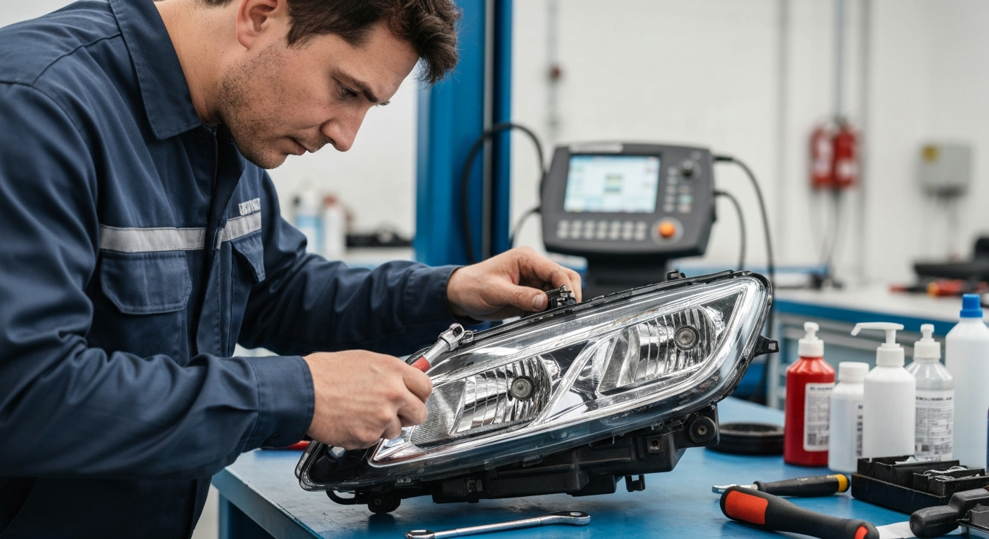 Professional mechanic performing headlight replacement at Hyperion Auto Repair Los Angeles