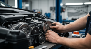 Professional mechanic installing serpentine belt replacement at Hyperion Auto Repair Los Angeles