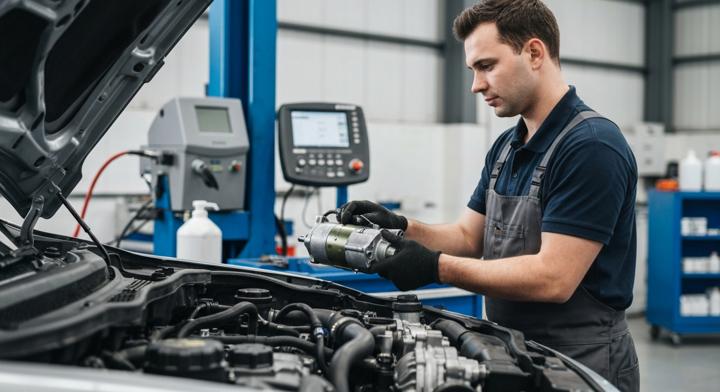 Starter Motor Replacement Service – Los Angeles Expert Mechanic Professional mechanic installing starter motor at Hyperion Auto Repair in Los Angeles
