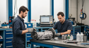 Professional mechanic performing transmission repair service at Hyperion Auto Repair in Los Angeles