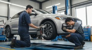 Professional mechanic performing wheel alignment service at Hyperion Auto Repair in Los Angeles