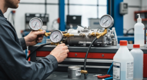 Professional auto AC repair diagnostic testing with refrigerant gauges at Hyperion Auto Repair in Los Angeles