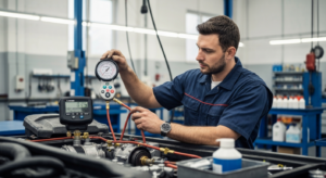 Professional mechanic performing air conditioning repair with diagnostic tools at Hyperion Auto Repair in Los Angeles