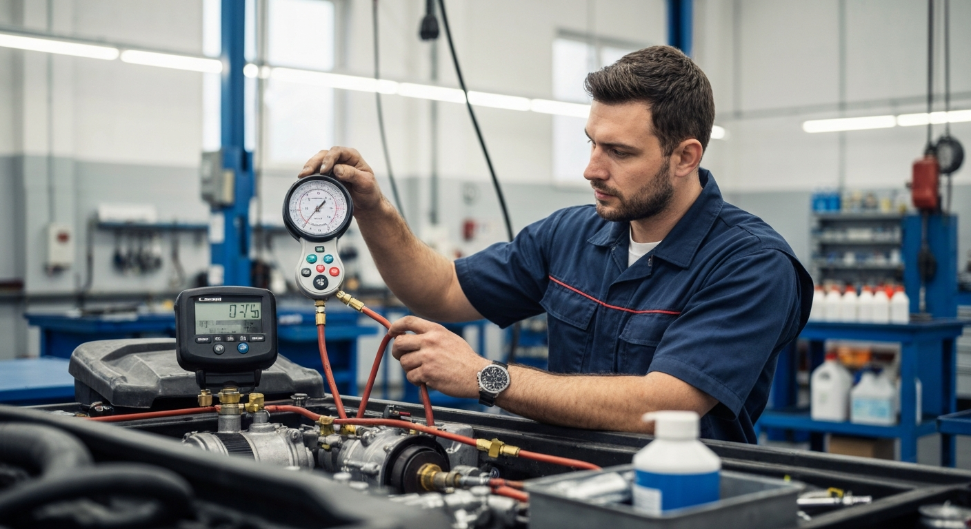 Professional mechanic performing air conditioning repair with diagnostic tools at Hyperion Auto Repair in Los Angeles