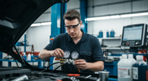 Professional mechanic diagnosing auto air conditioning system with manifold gauges at Hyperion Auto Repair in Los Angeles