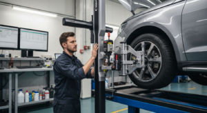 Professional auto technician using laser frame alignment measuring equipment on vehicle at Hyperion Auto Repair Los Angeles