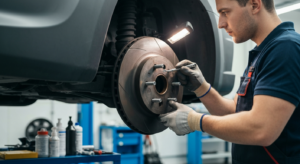 Professional mechanic inspecting brake pads during replacement service at Hyperion Auto Repair in Los Angeles
