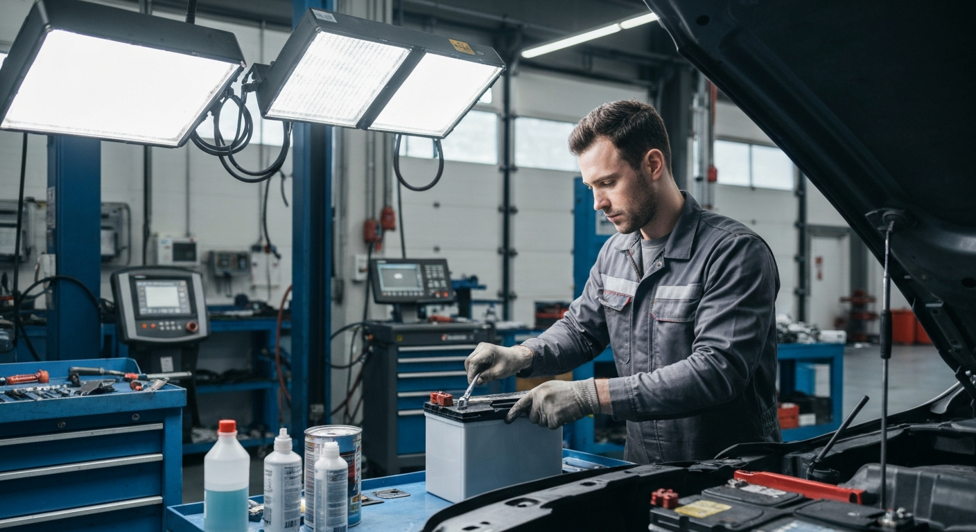 Professional mechanic performing car battery replacement at Hyperion Auto Repair in Los Angeles, California