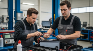 Professional mechanic performing car battery replacement service at Hyperion Auto Repair in Los Angeles