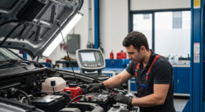 Professional mechanic installing car battery at Hyperion Auto Repair in Los Angeles
