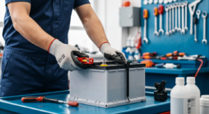 Professional mechanic installing new car battery at Hyperion Auto Repair in Los Angeles
