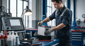 Professional mechanic replacing car battery at Hyperion Auto Repair Los Angeles shop