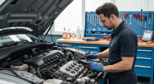 Professional mechanic performing engine tune-up service at Hyperion Auto Repair in Los Angeles