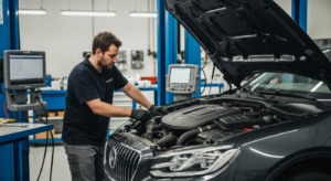 Professional mechanic inspecting a foreign luxury car engine in a modern Los Angeles auto repair shop - Hyperion Auto Repair