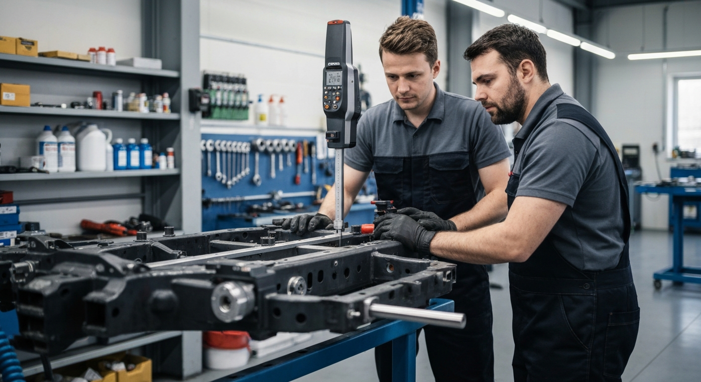 ASE-certified mechanic performing frame straightening using laser measuring equipment at Hyperion Auto Repair Los Angeles