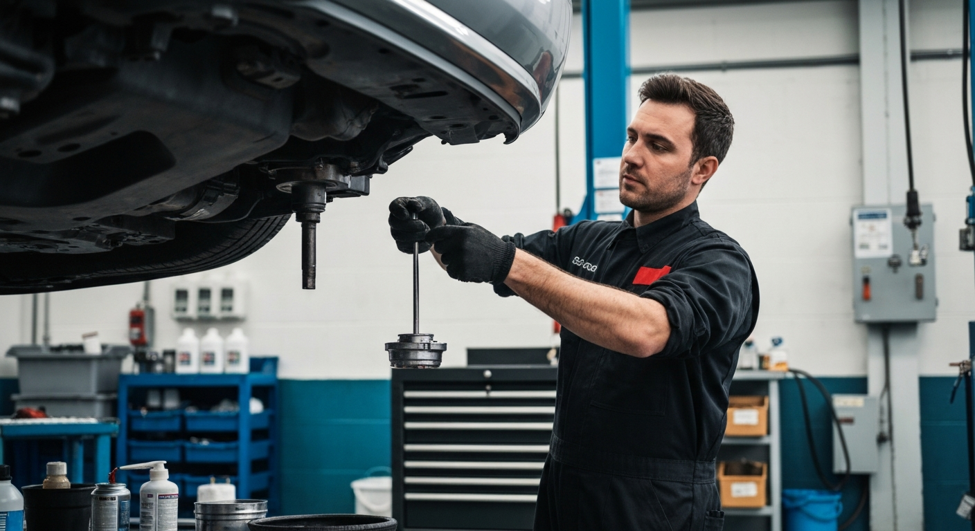 Oil Change Service – Expert Mechanic at Hyperion Auto Repair Los Angeles Professional mechanic performing oil change service at Hyperion Auto Repair in Los Angeles