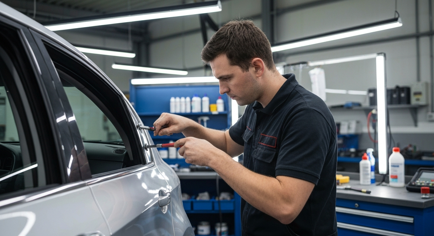 Professional mechanic performing paintless dent repair using specialized tools at Hyperion Auto Repair in Los Angeles