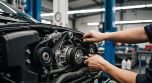 Professional mechanic performing serpentine belt replacement at Hyperion Auto Repair in Los Angeles