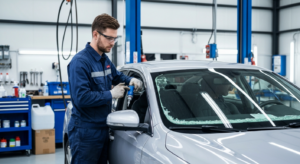 Professional auto glass technician replacing windshield at Hyperion Auto Repair in Los Angeles