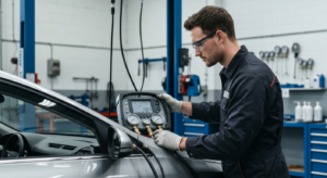 Professional mechanic performing AC system diagnostics with specialized equipment at Hyperion Auto Repair in Los Angeles