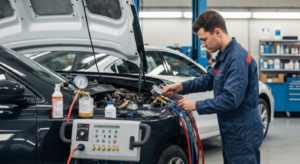 Professional mechanic performing AC system diagnostic testing with refrigerant gauges at Hyperion Auto Repair