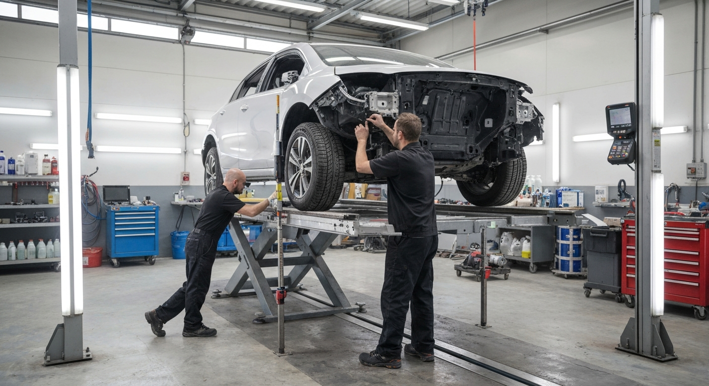 Auto Body Structural Repair Service – Hyperion Auto Repair Los Angeles Professional mechanic performing frame straightening and structural repair at Hyperion Auto Repair in Los Angeles