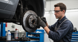 Professional mechanic inspecting brake pads and rotors at Hyperion Auto Repair in Los Angeles