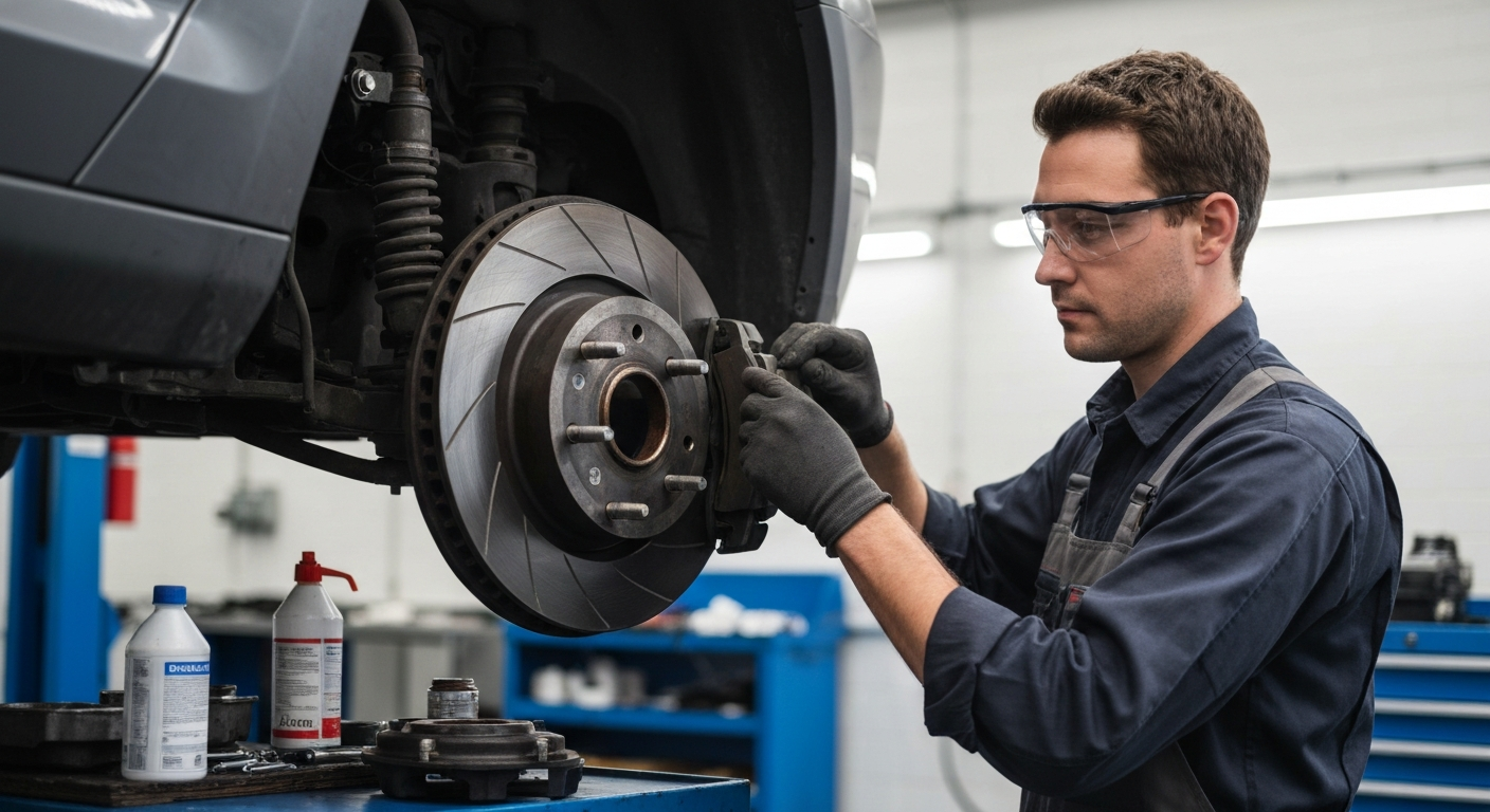 Professional mechanic inspecting brake pads and rotors at Hyperion Auto Repair in Los Angeles