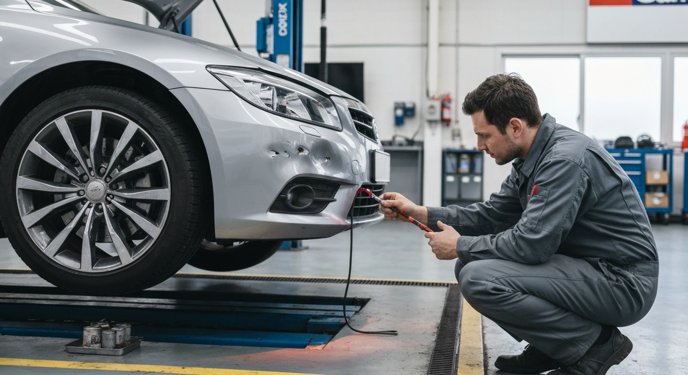 Professional mechanic inspecting bumper damage at Hyperion Auto Repair in Los Angeles