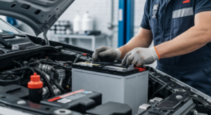 Professional mechanic installing car battery at Hyperion Auto Repair in Los Angeles