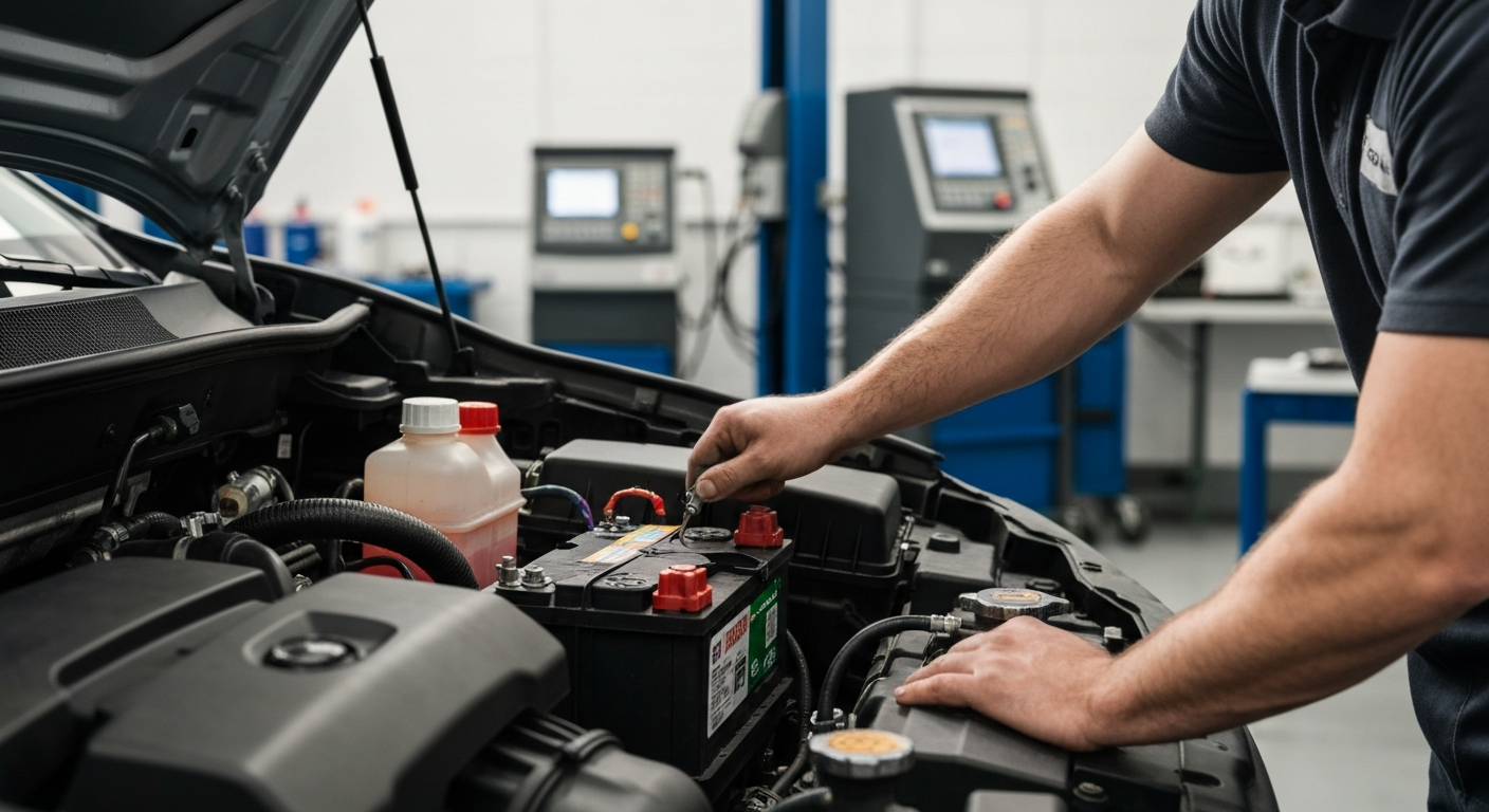 Professional technician installing car battery replacement at Hyperion Auto Repair Los Angeles