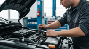 Professional mechanic inspecting transmission fluid at Hyperion Auto Repair in Los Angeles