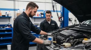 Professional mechanic performing transmission fluid change service at Hyperion Auto Repair in Los Angeles, California