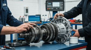 Professional mechanic performing transmission inspection and repair at Hyperion Auto Repair in Los Angeles