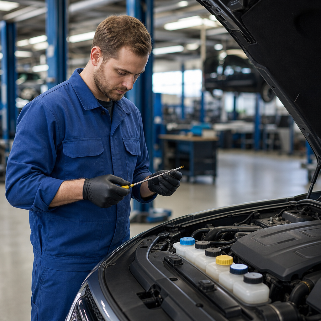 Technician checking fluid reservoirs under the hood during fluid replacement service in Los Angeles