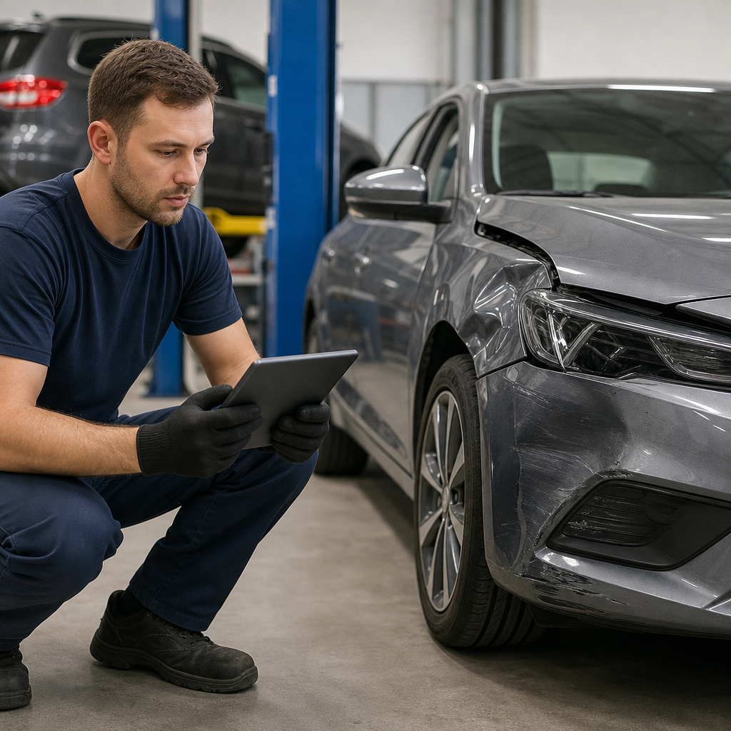 Technician inspecting a dented fender and bumper during auto accident repair in a Los Angeles body shop