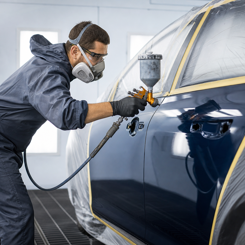 Auto Body Painting in Silver Lake – Hyperion Auto Repair Technician spray painting a car door panel in a clean paint booth for auto body painting in Silver Lake
