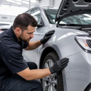 Technician inspecting a repaired car fender during auto body repair in Westlake, Los Angeles