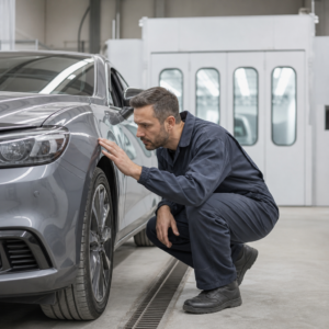 Technician inspecting paint finish and panel alignment at an auto body shop serving Echo Park, Los Angeles