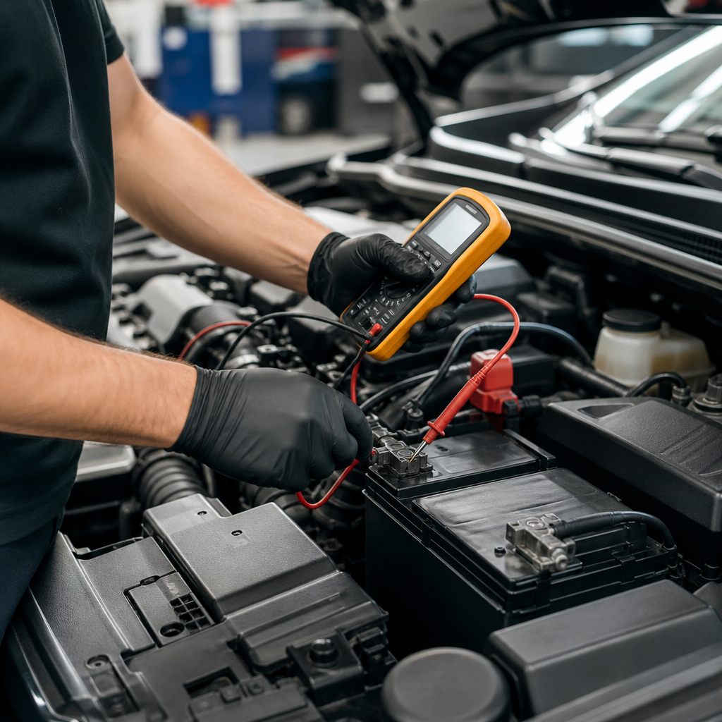 Auto Electrical Repair in Los Angeles – Battery and Terminal Testing Technician testing a car battery and terminals with a multimeter during auto electrical repair in Los Angeles
