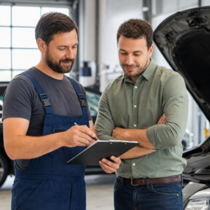 Technician reviewing a written repair estimate with a customer at an auto repair shop near me in Los Angeles