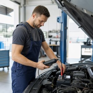 Technician testing a car battery with a digital tester during battery service in Los Angeles