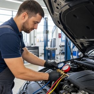 Technician connecting AC gauges to a car engine bay for an AC diagnostic in Los Angeles