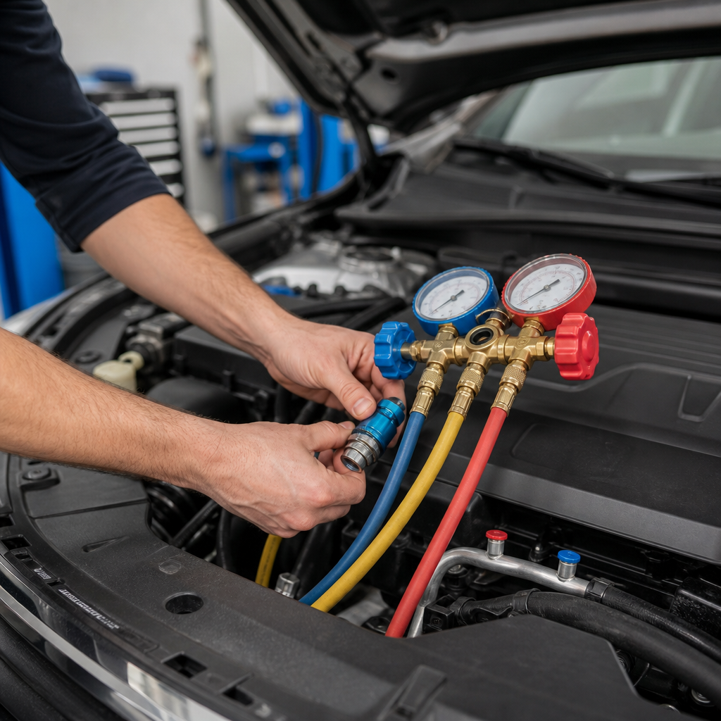 Car AC Fix Guide – Hyperion Auto Repair Los Angeles Technician connecting AC gauges to a car's air conditioning system for an AC fix in Los Angeles