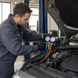 Technician connecting AC gauges to a car's air conditioning system at Hyperion Auto Repair in Los Angeles