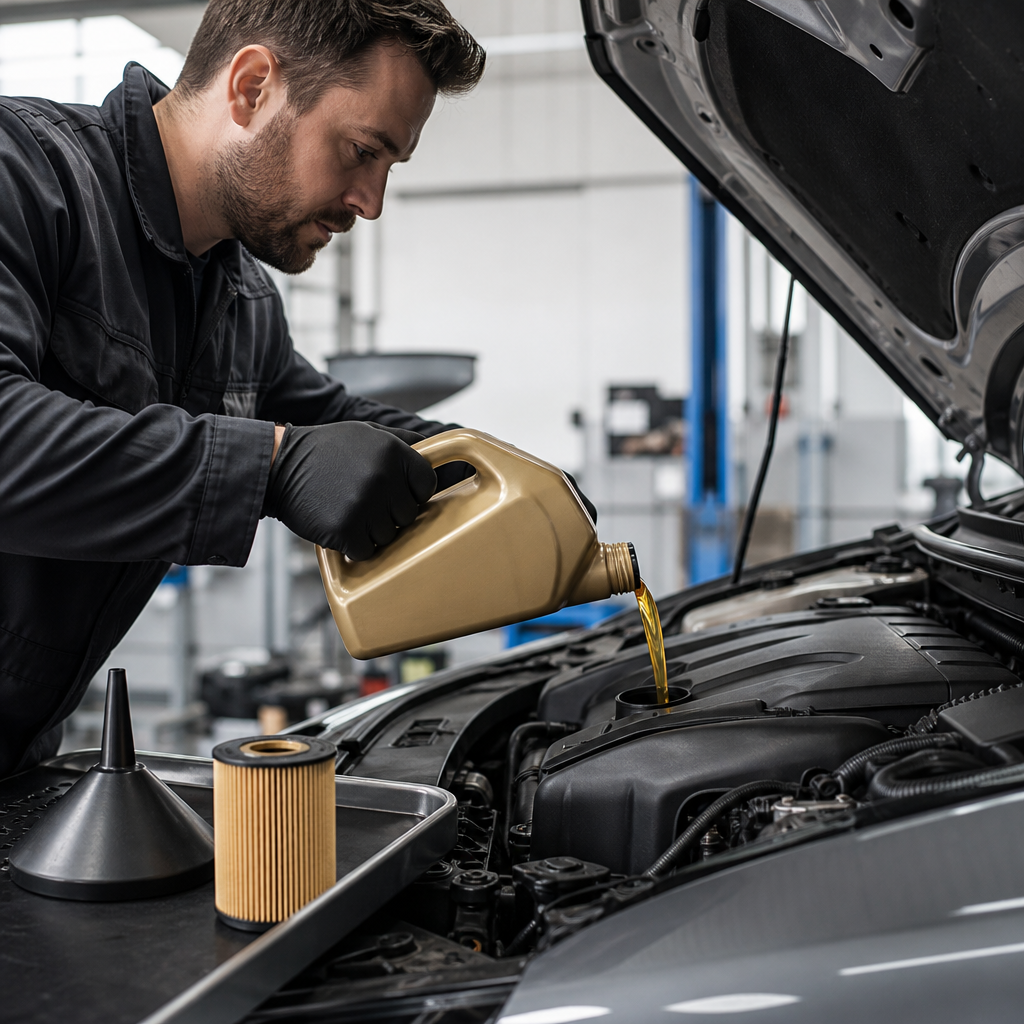Oil Change Near Me – Professional Service in Los Angeles Technician pouring fresh motor oil during an oil change near me in Los Angeles